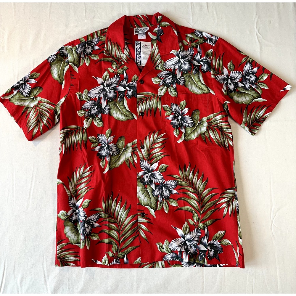 Aloha Republic Hawaiian Shirt Red Floral Hibiscus Made in Hawaii USA Men's L